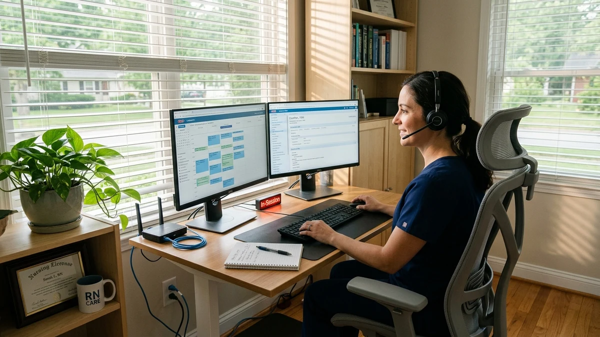 Registered Nurse working comfortably at an ergonomic home office desk with dual monitors, headset, and hardwired internet connection