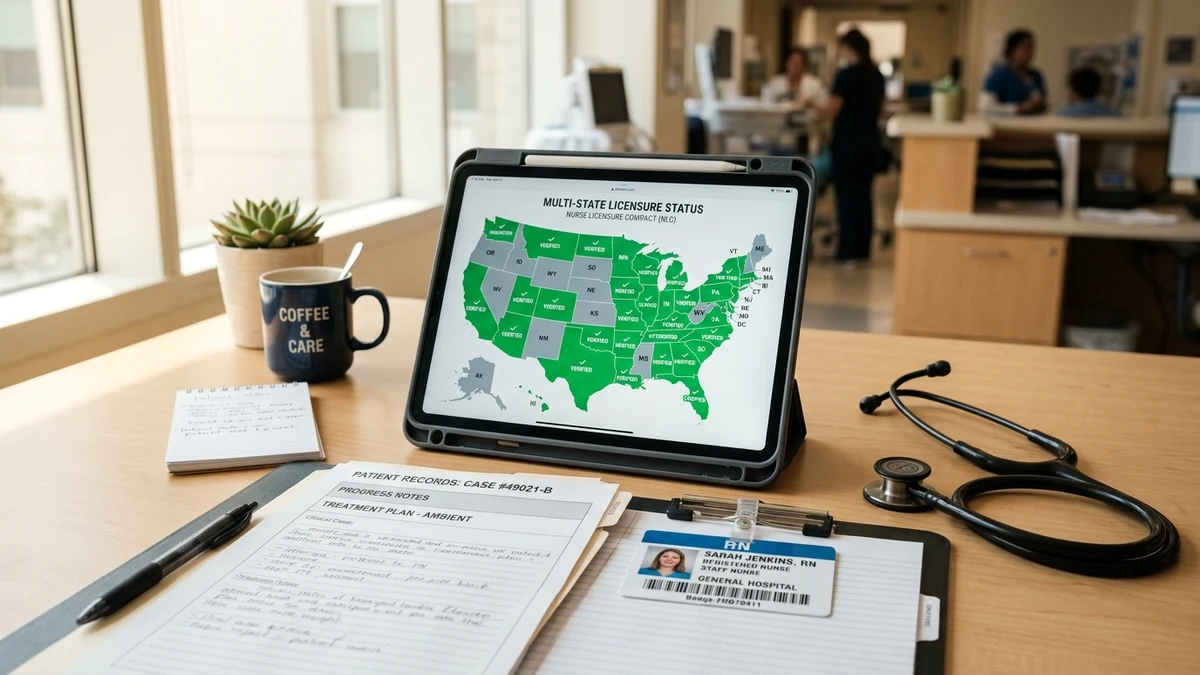 Clinical desk with digital tablet showing multi-state licensure map, RN badge, and acoustic stethoscope